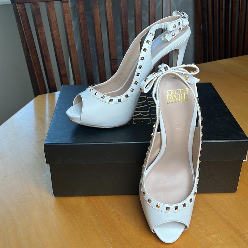 MADONNA Truth or Dare White Patent Studded Heels